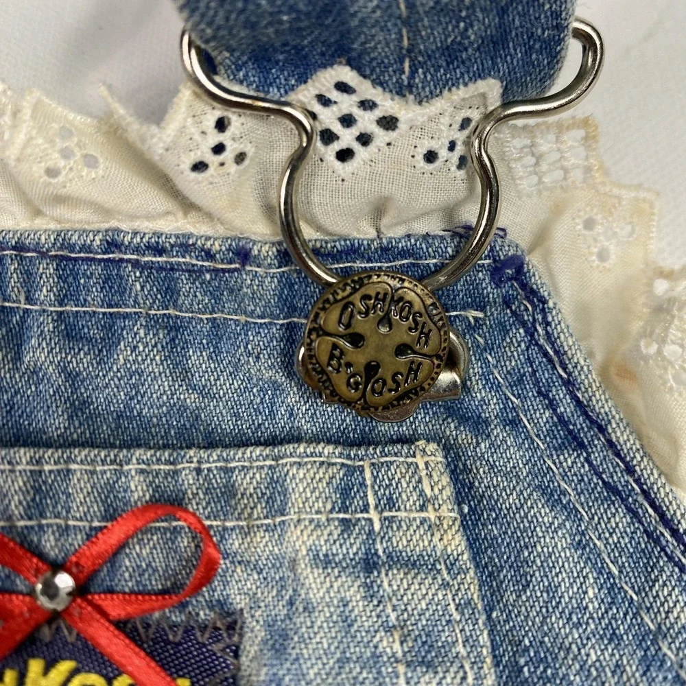 Vintage OshKosh Bgosh Overalls Girls 18 Months Denim Vestbak Hearts Lace 90s